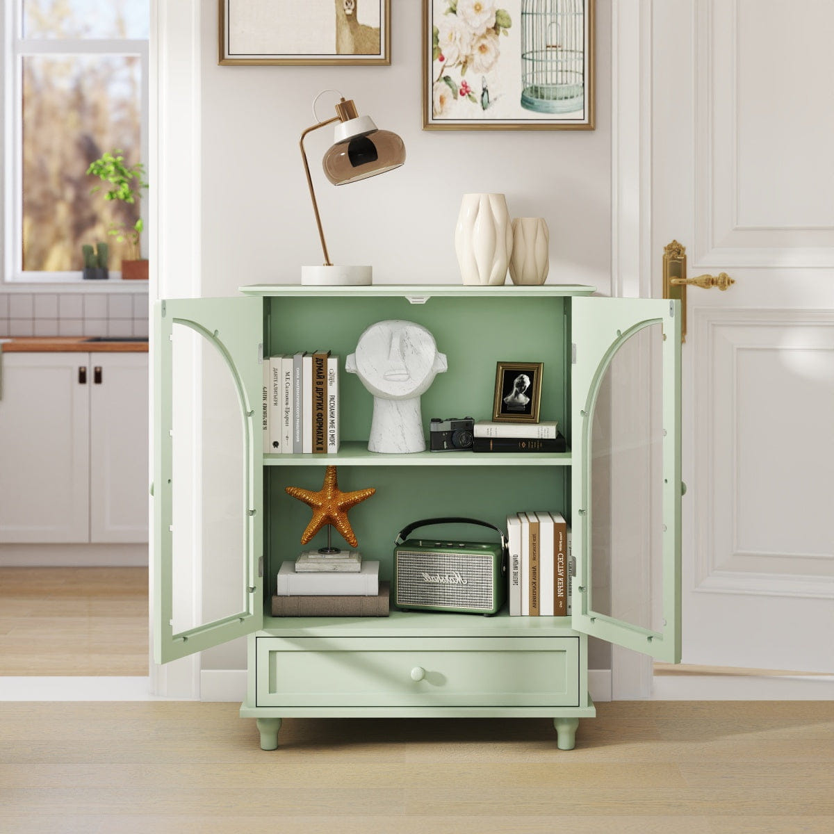 Drawer Streamdale Farmhouse Arched Glass Sideboard with Drawer, Green