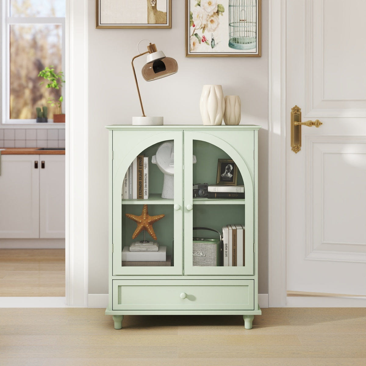 Drawer Streamdale Farmhouse Arched Glass Sideboard with Drawer, Green