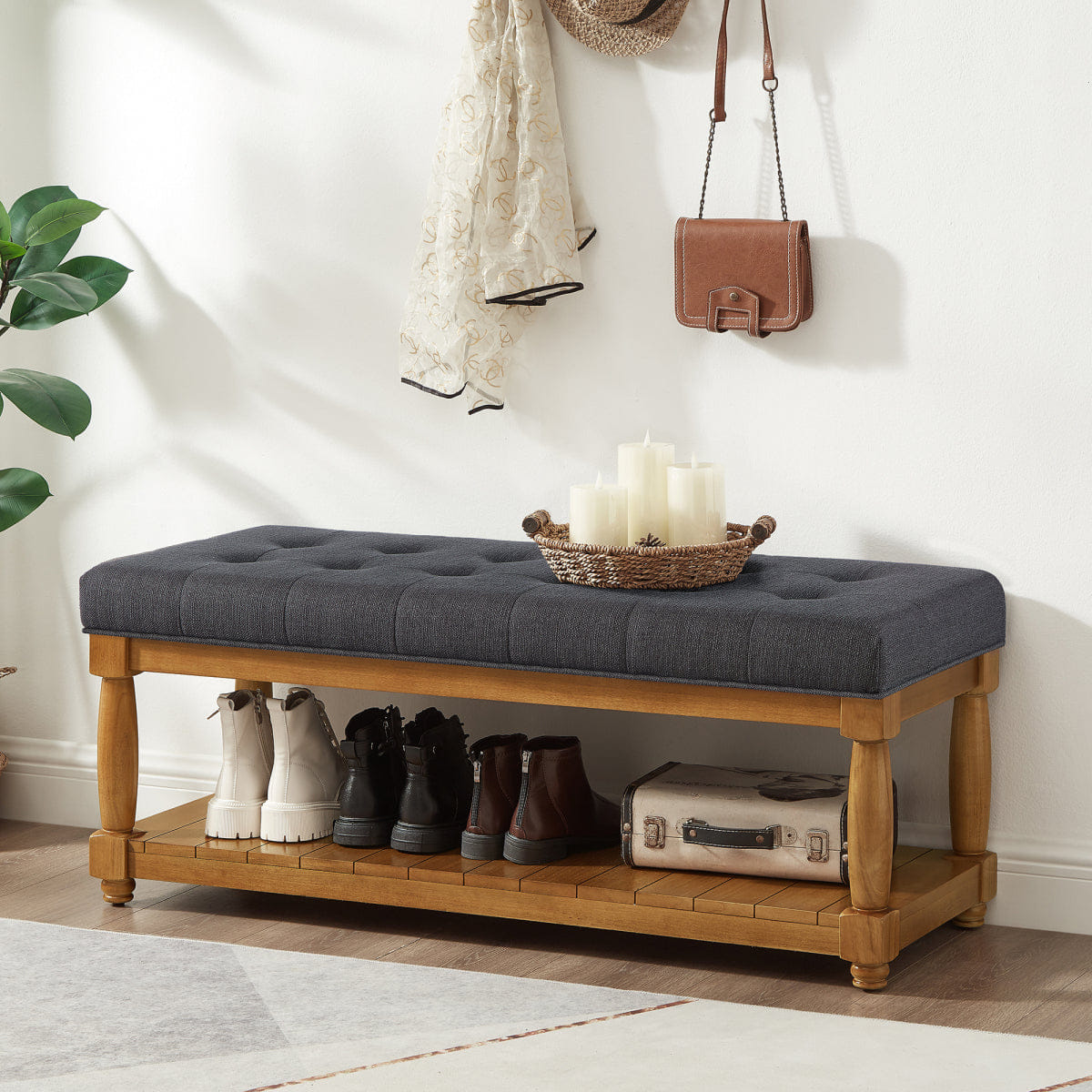 And Streamdale Upholstered Linen Storage Bench with Shelf and Tufted Accent, Charcoal