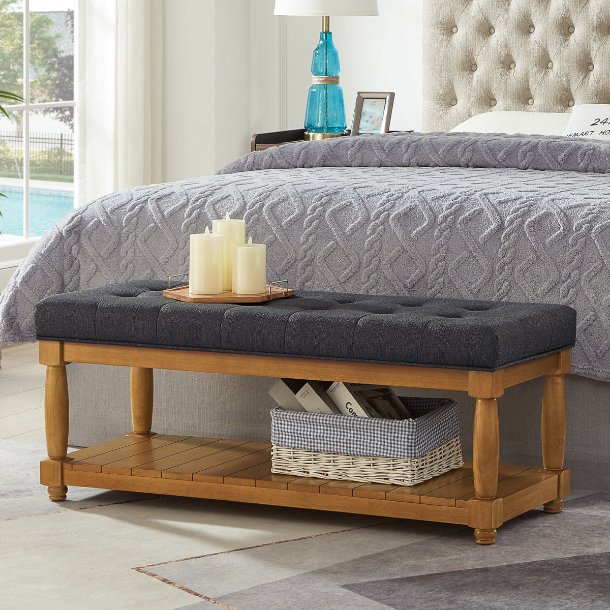 And Streamdale Upholstered Linen Storage Bench with Shelf and Tufted Accent, Charcoal