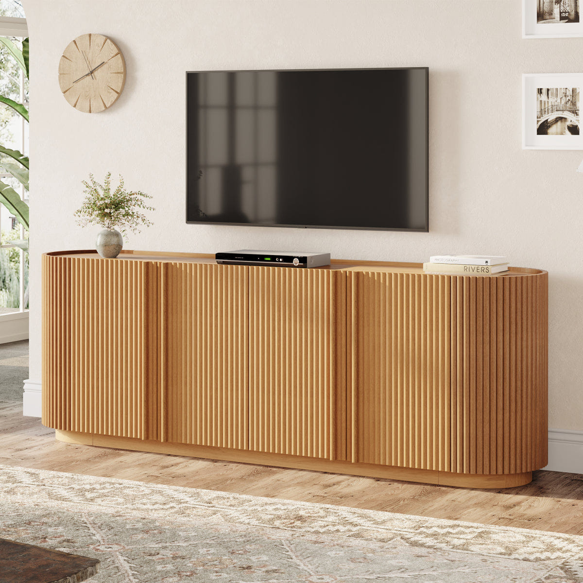 WOOD Streamdale Mid Century Wood Grain TV Stand with Fluted Door for TVs up to 70