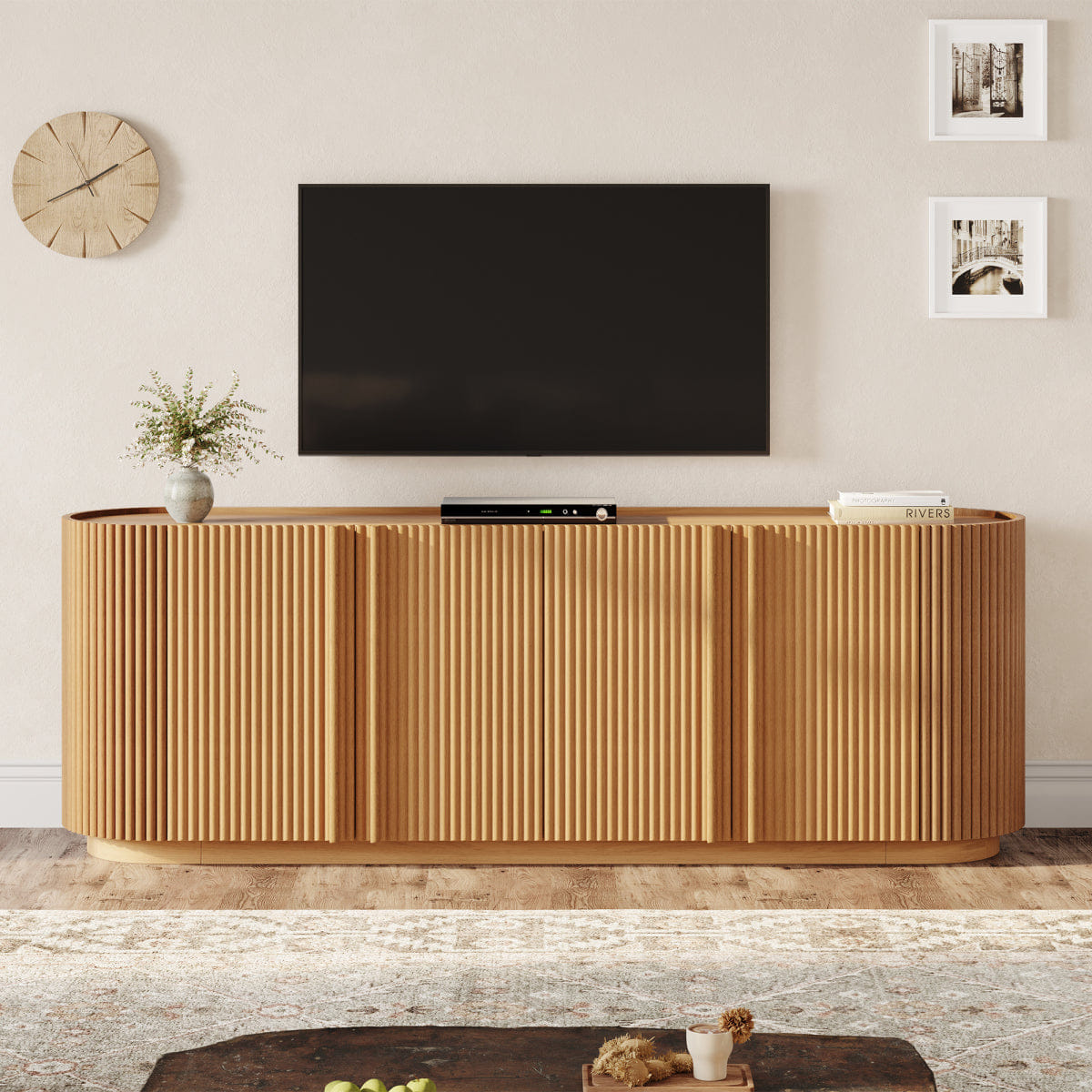 WOOD Streamdale Mid Century Wood Grain TV Stand with Fluted Door for TVs up to 70