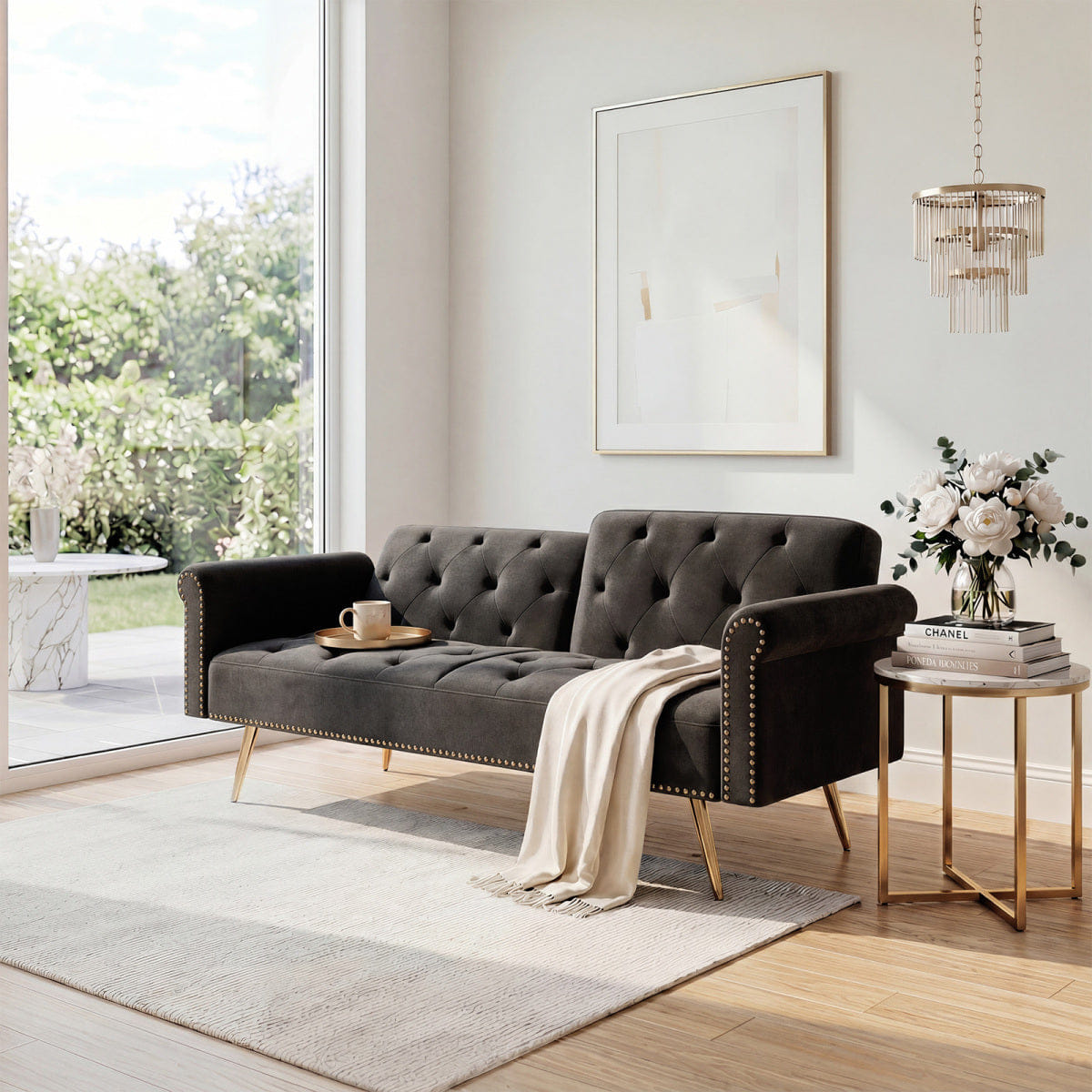 Velvet Streamdale 69.7" Black Velvet Convertible Sofa Bed with Nailhead Trim