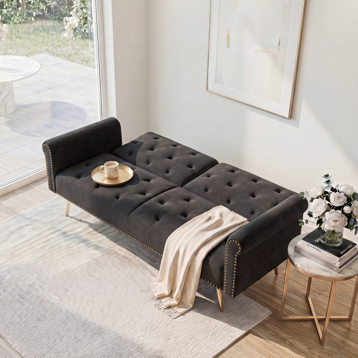 Velvet Streamdale 69.7" Black Velvet Convertible Sofa Bed with Nailhead Trim