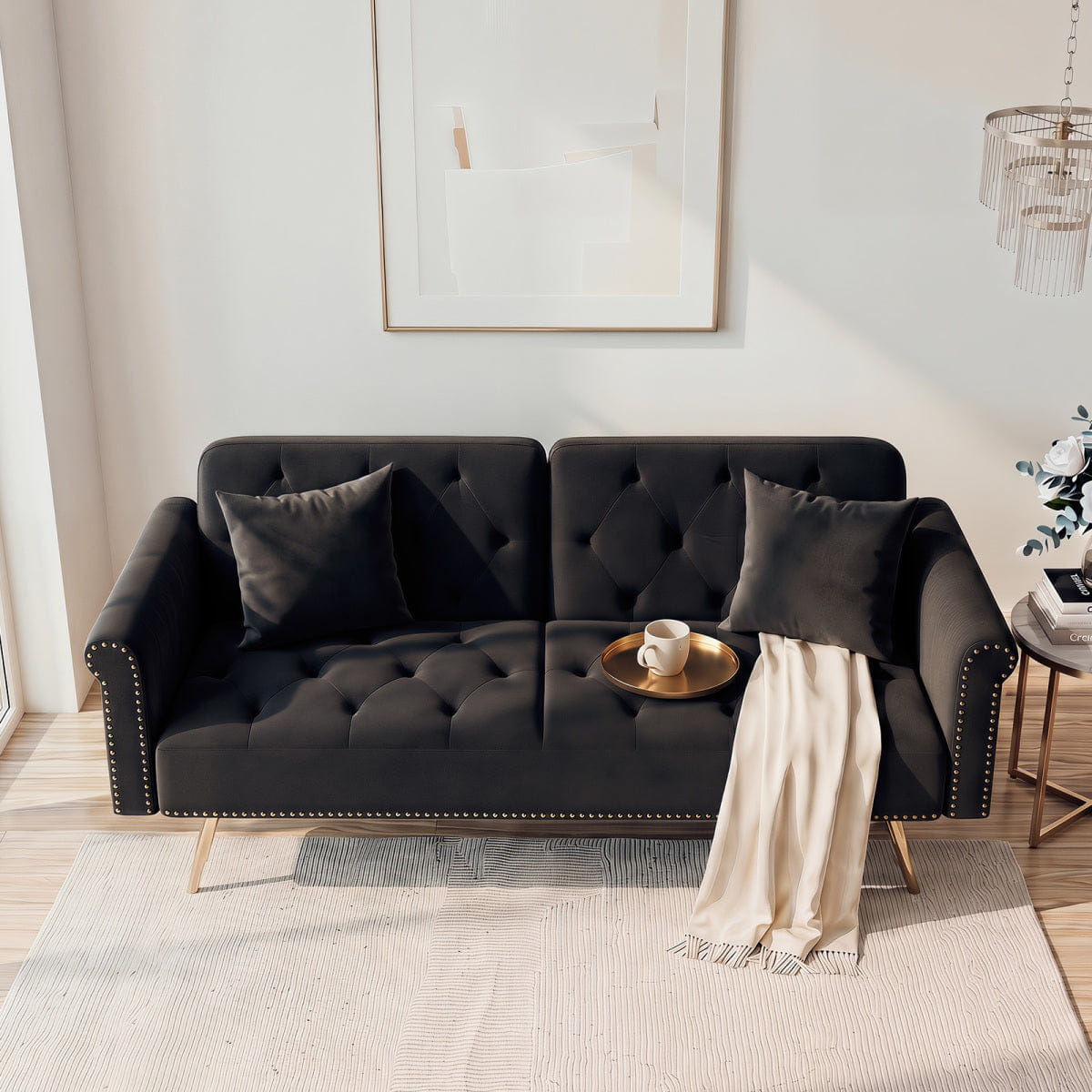 Velvet Streamdale 69.7" Black Velvet Convertible Sofa Bed with Nailhead Trim