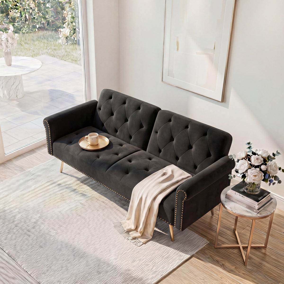 Velvet Streamdale 69.7" Black Velvet Convertible Sofa Bed with Nailhead Trim