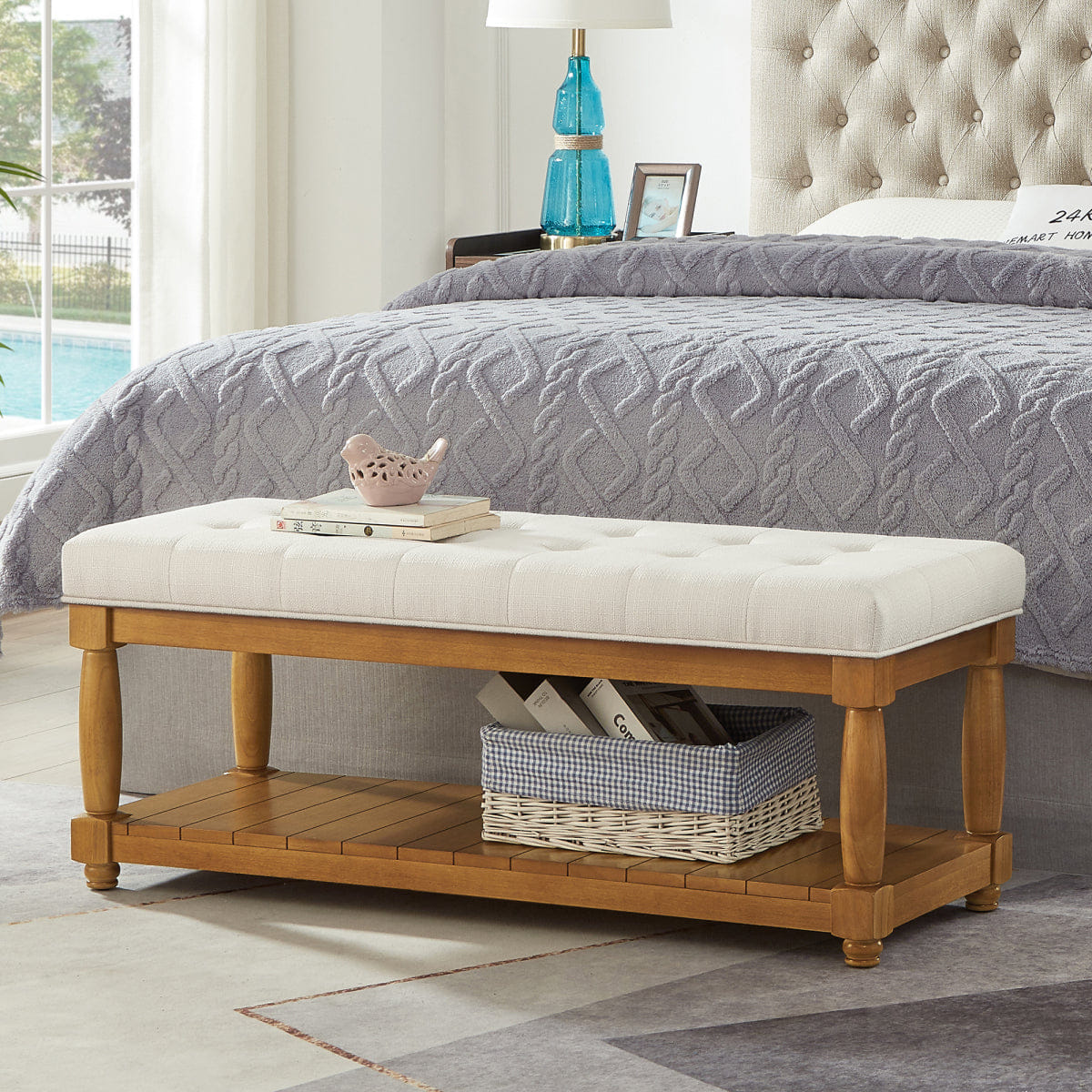 WOOD Streamdale Upholstered Linen Storage Bench with Shelf and Wood Legs, Ivory