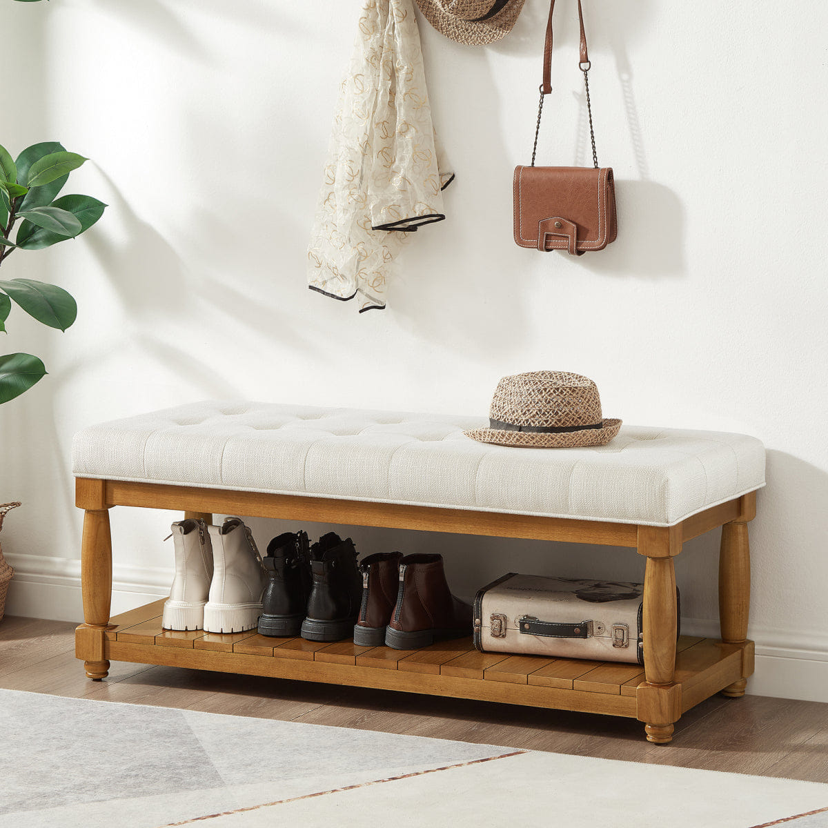 WOOD Streamdale Upholstered Linen Storage Bench with Shelf and Wood Legs, Ivory