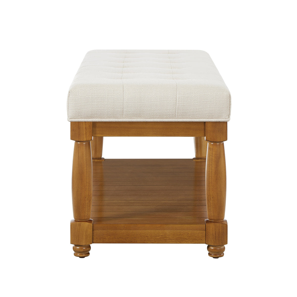WOOD Streamdale Upholstered Linen Storage Bench with Shelf and Wood Legs, Ivory
