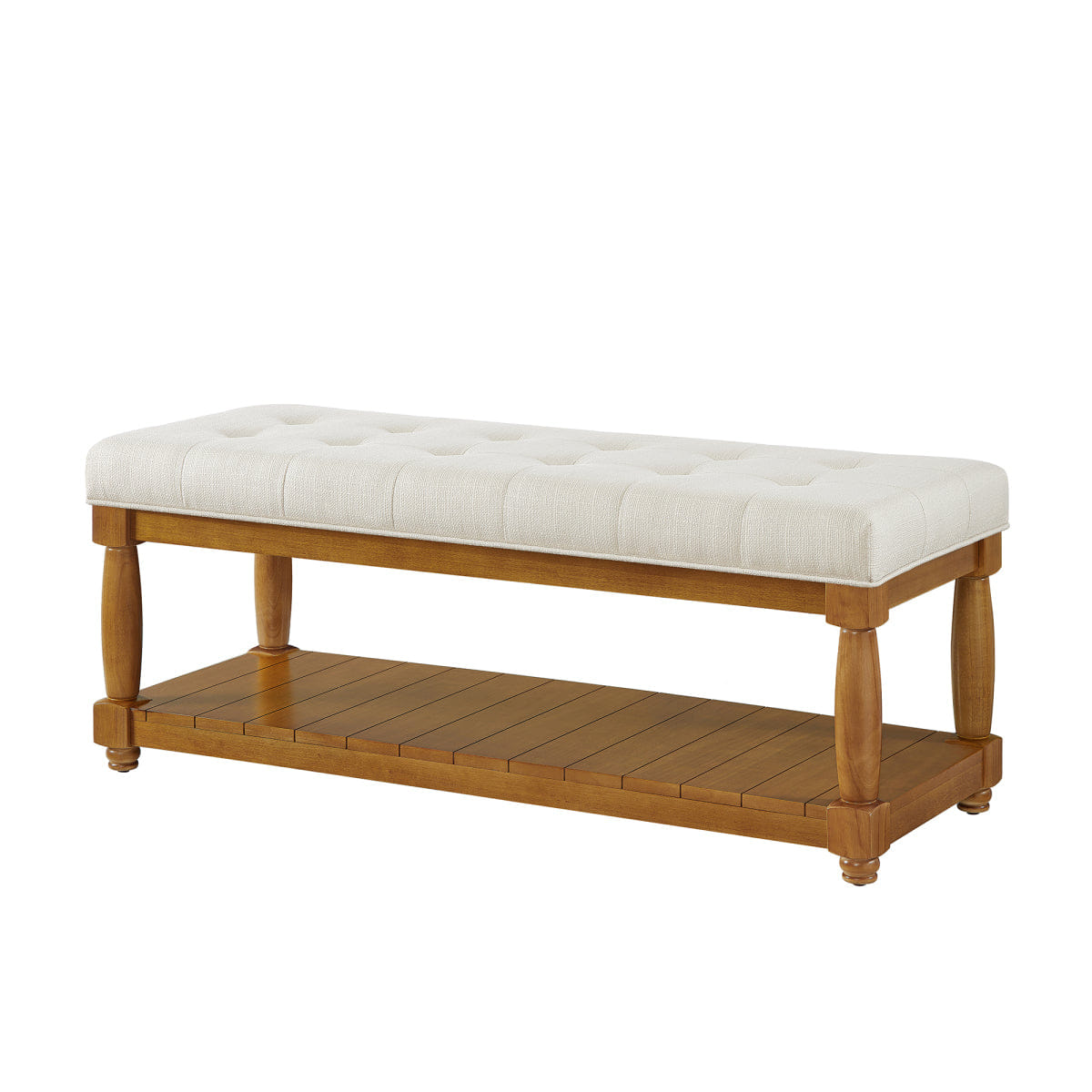 WOOD Streamdale Upholstered Linen Storage Bench with Shelf and Wood Legs, Ivory