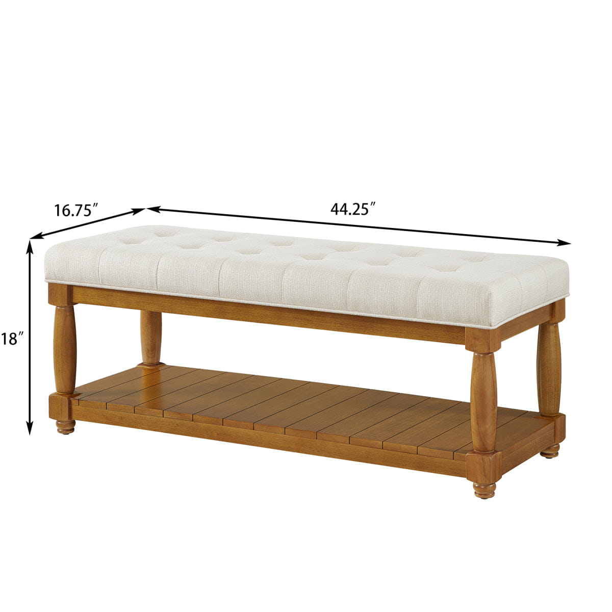 WOOD Streamdale Upholstered Linen Storage Bench with Shelf and Wood Legs, Ivory