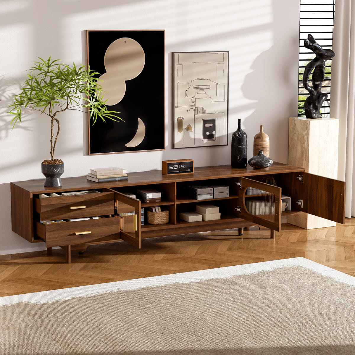 DOORS Streamdale 78" Modern TV Stand with Fluted Glass Doors & Drawers for TVs Up to 85"