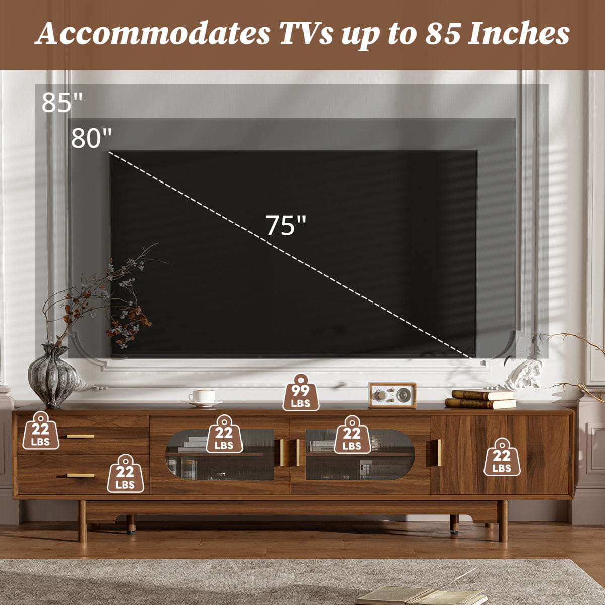 DOORS Streamdale 78" Modern TV Stand with Fluted Glass Doors & Drawers for TVs Up to 85"