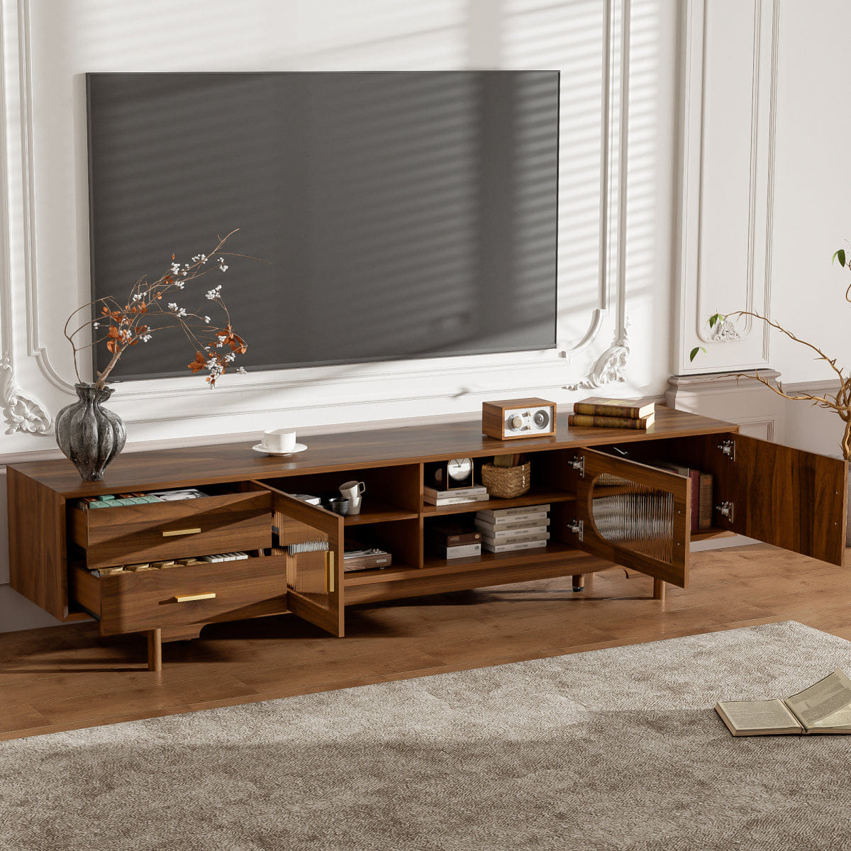 DOORS Streamdale 78" Modern TV Stand with Fluted Glass Doors & Drawers for TVs Up to 85"