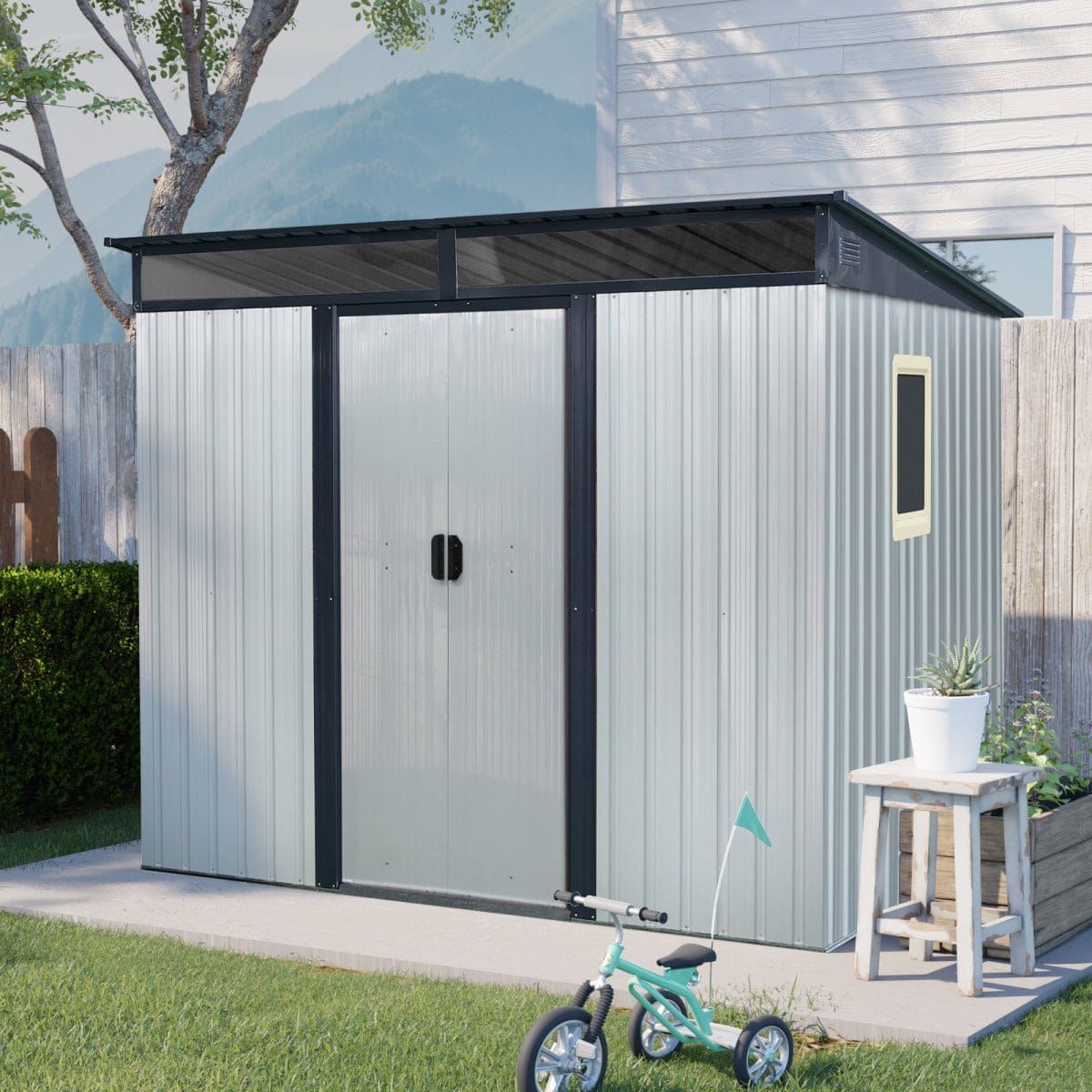 OUTDOOR Streamdale 8 ft x 6 ft Outdoor Metal Storage Shed with Window (White/Black)