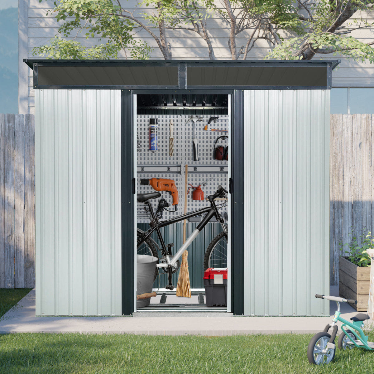 OUTDOOR Streamdale 8 ft x 6 ft Outdoor Metal Storage Shed with Window (White/Black)