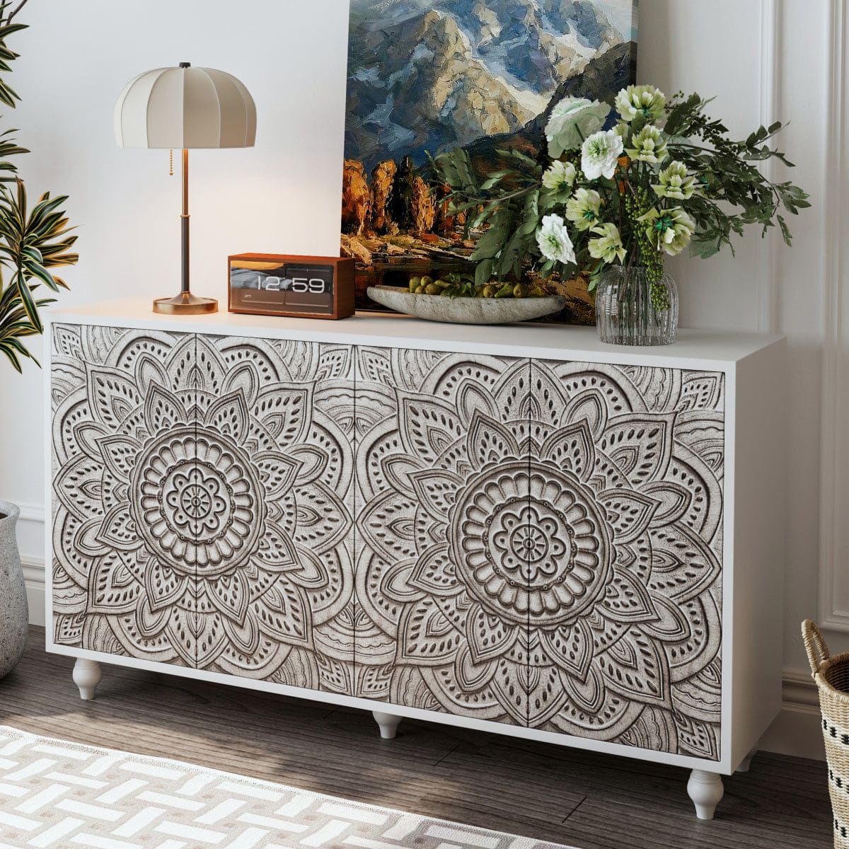 MANDALA Streamdale 60" Boho Mandala 3D Embossed 4 - Door Sideboard Buffet Cabinet