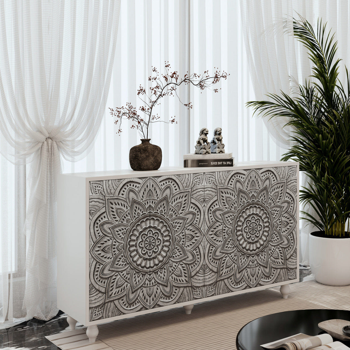 MANDALA Streamdale 60" Boho Mandala 3D Embossed 4 - Door Sideboard Buffet Cabinet