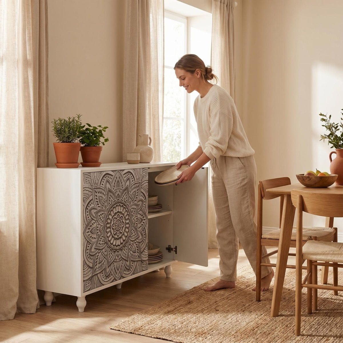 MANDALA Streamdale 60" Boho Mandala 3D Embossed 4 - Door Sideboard Buffet Cabinet