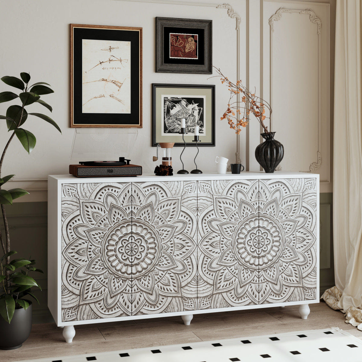 MANDALA Streamdale 60" Boho Mandala 3D Embossed 4 - Door Sideboard Buffet Cabinet