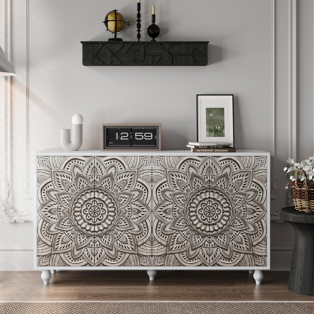 MANDALA Streamdale 60" Boho Mandala 3D Embossed 4 - Door Sideboard Buffet Cabinet