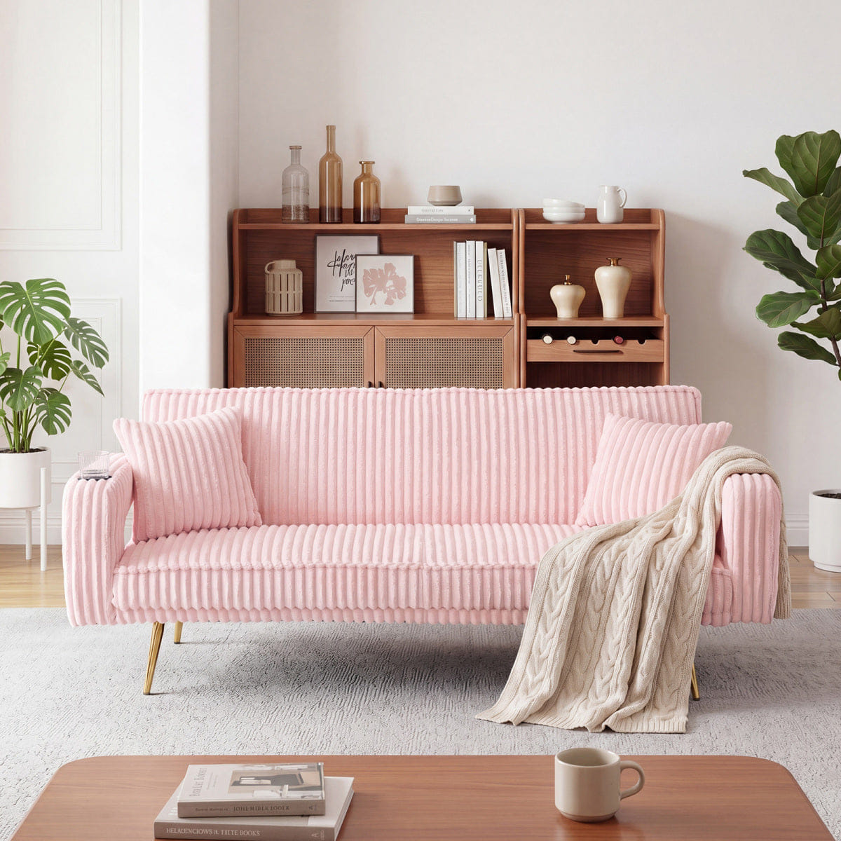 Corduroy Streamdale Pink 74" Corduroy Convertible Sofa Bed with Pillows