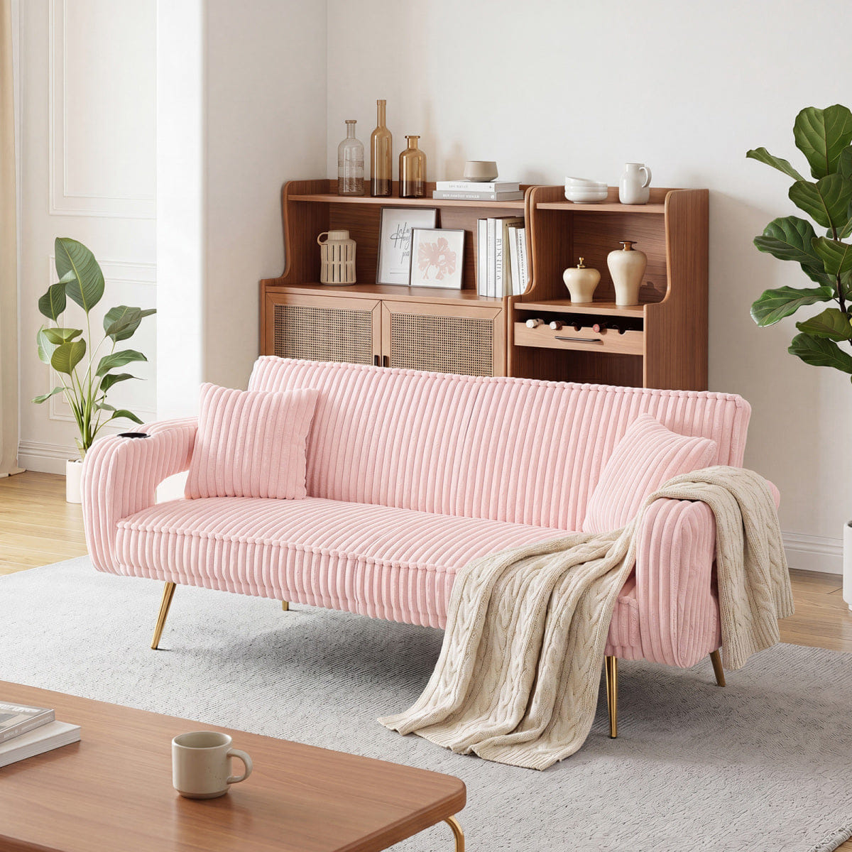 Corduroy Streamdale Pink 74" Corduroy Convertible Sofa Bed with Pillows