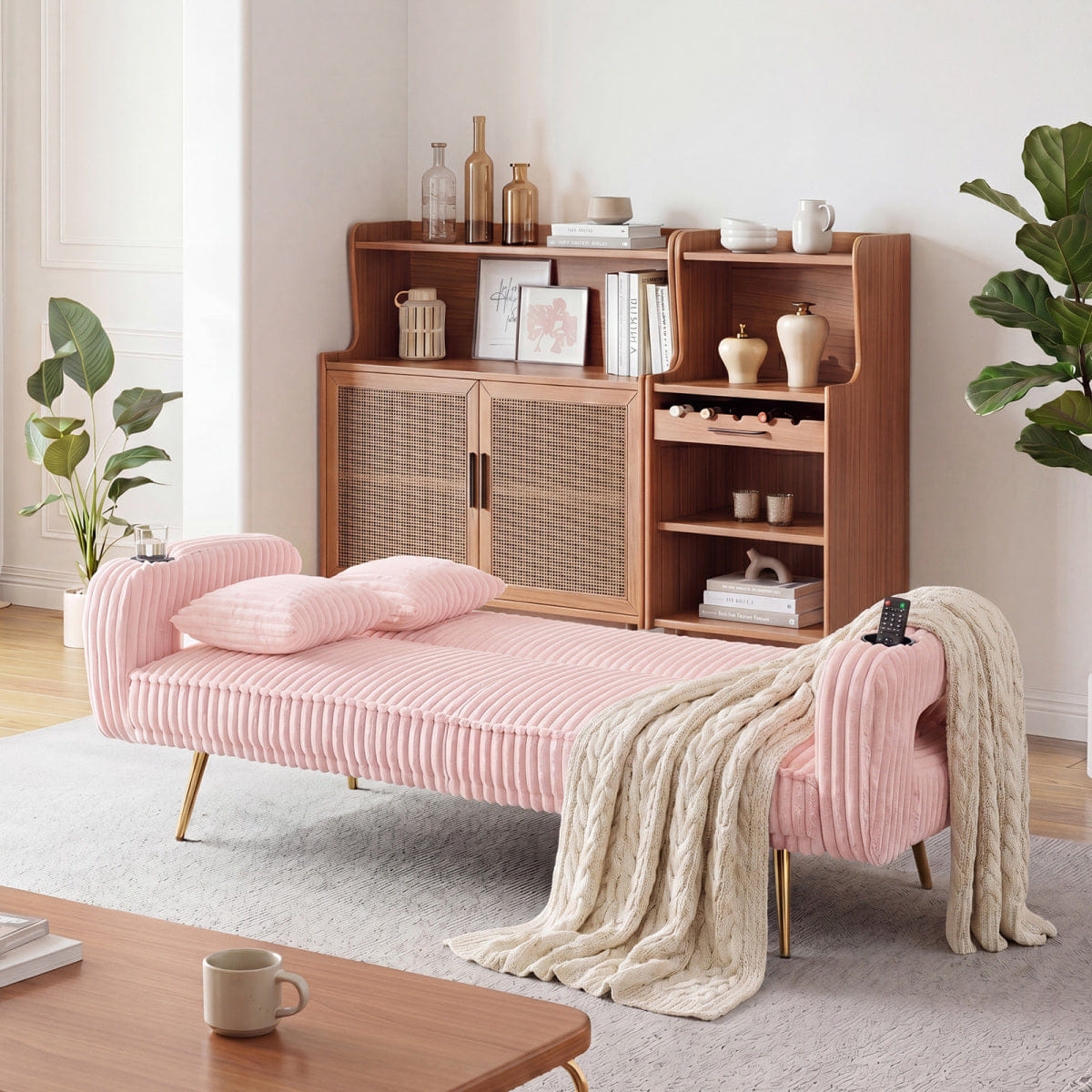 Corduroy Streamdale Pink 74" Corduroy Convertible Sofa Bed with Pillows