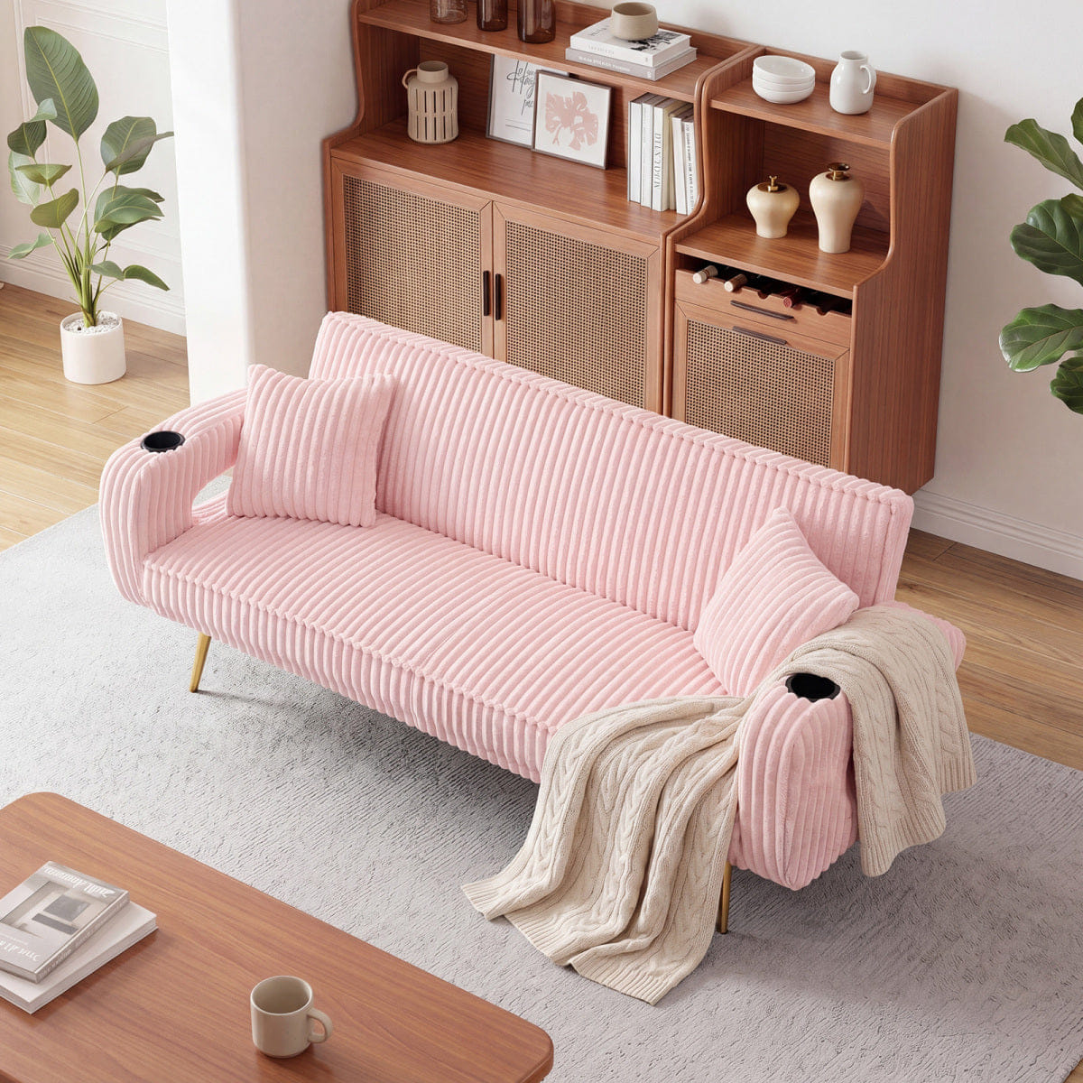 Corduroy Streamdale Pink 74" Corduroy Convertible Sofa Bed with Pillows
