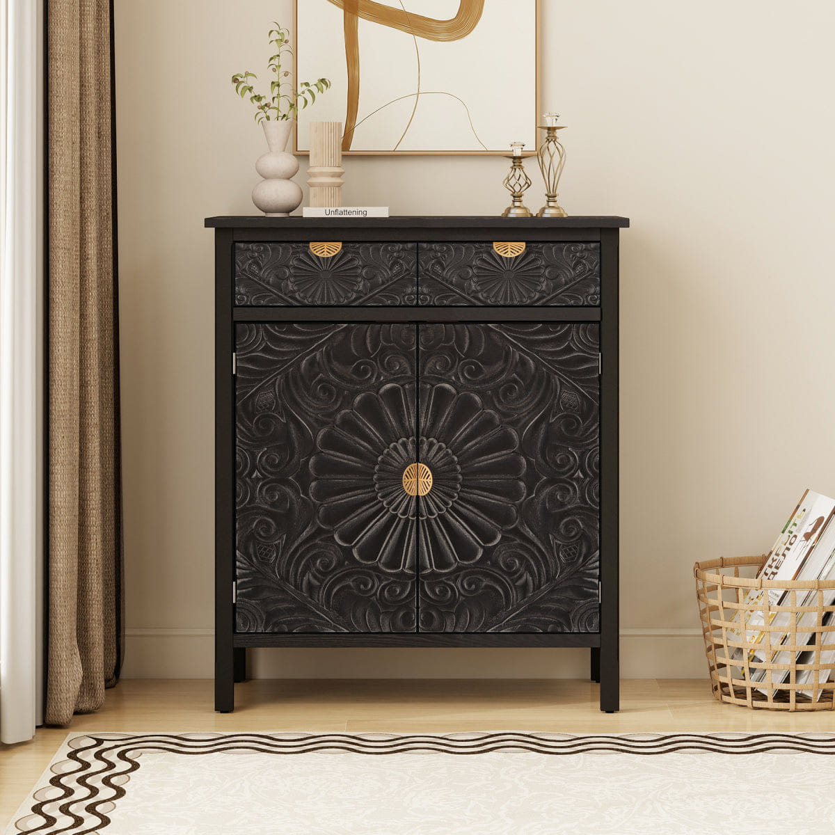 Drawer Streamdale Hand - Carved Black Floral Accent Cabinet with Drawer & Doors