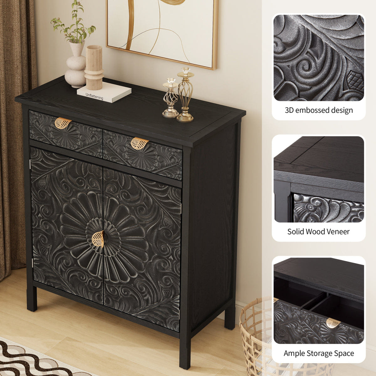Drawer Streamdale Hand - Carved Black Floral Accent Cabinet with Drawer & Doors