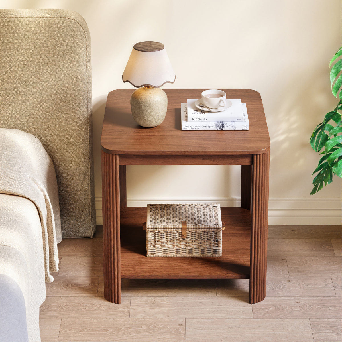 CORNER Streamdale Walnut Boho 2 - Tier Rounded Corner End Table & Nightstand