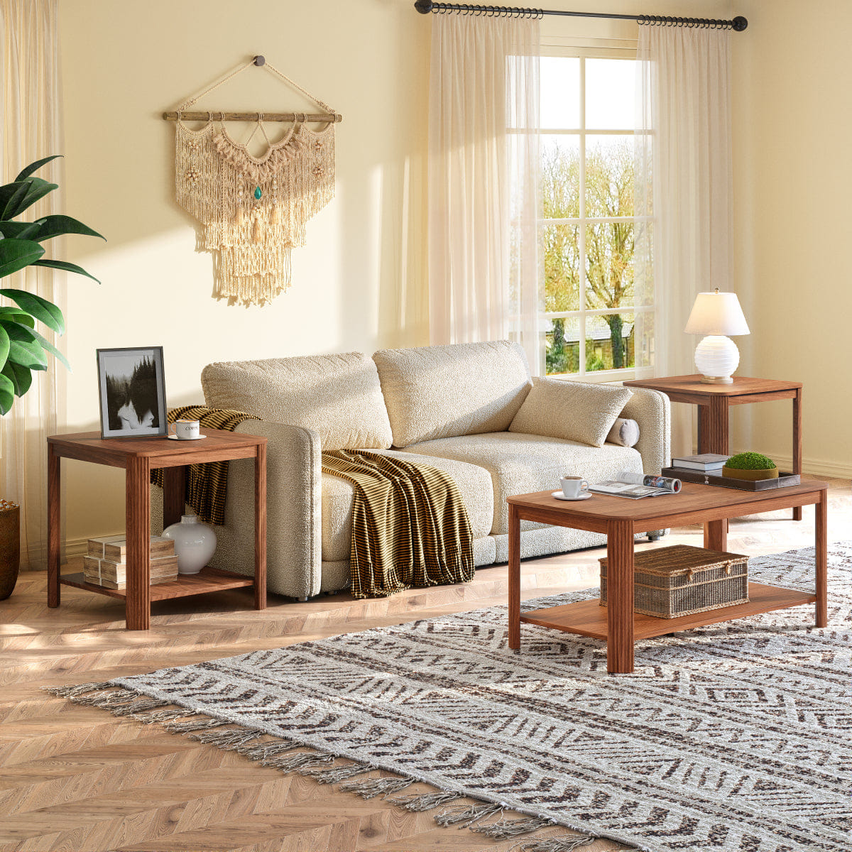 CORNER Streamdale Walnut Boho 2 - Tier Rounded Corner End Table & Nightstand