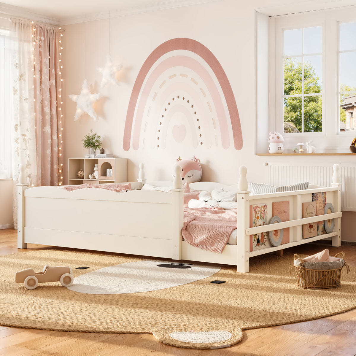 FLOOR Streamdale Queen Kids Montessori Floor Bed with Guardrails and Bookshelf, Beige