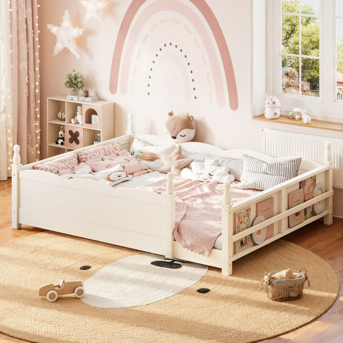 FLOOR Streamdale Queen Kids Montessori Floor Bed with Guardrails and Bookshelf, Beige