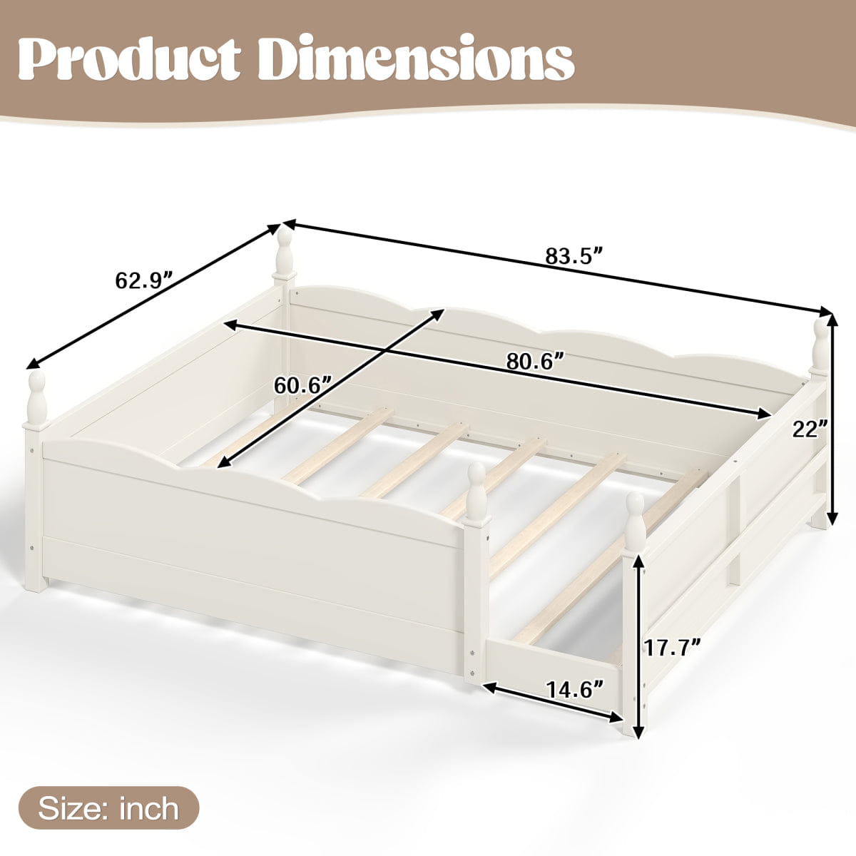 FLOOR Streamdale Queen Kids Montessori Floor Bed with Guardrails and Bookshelf, Beige