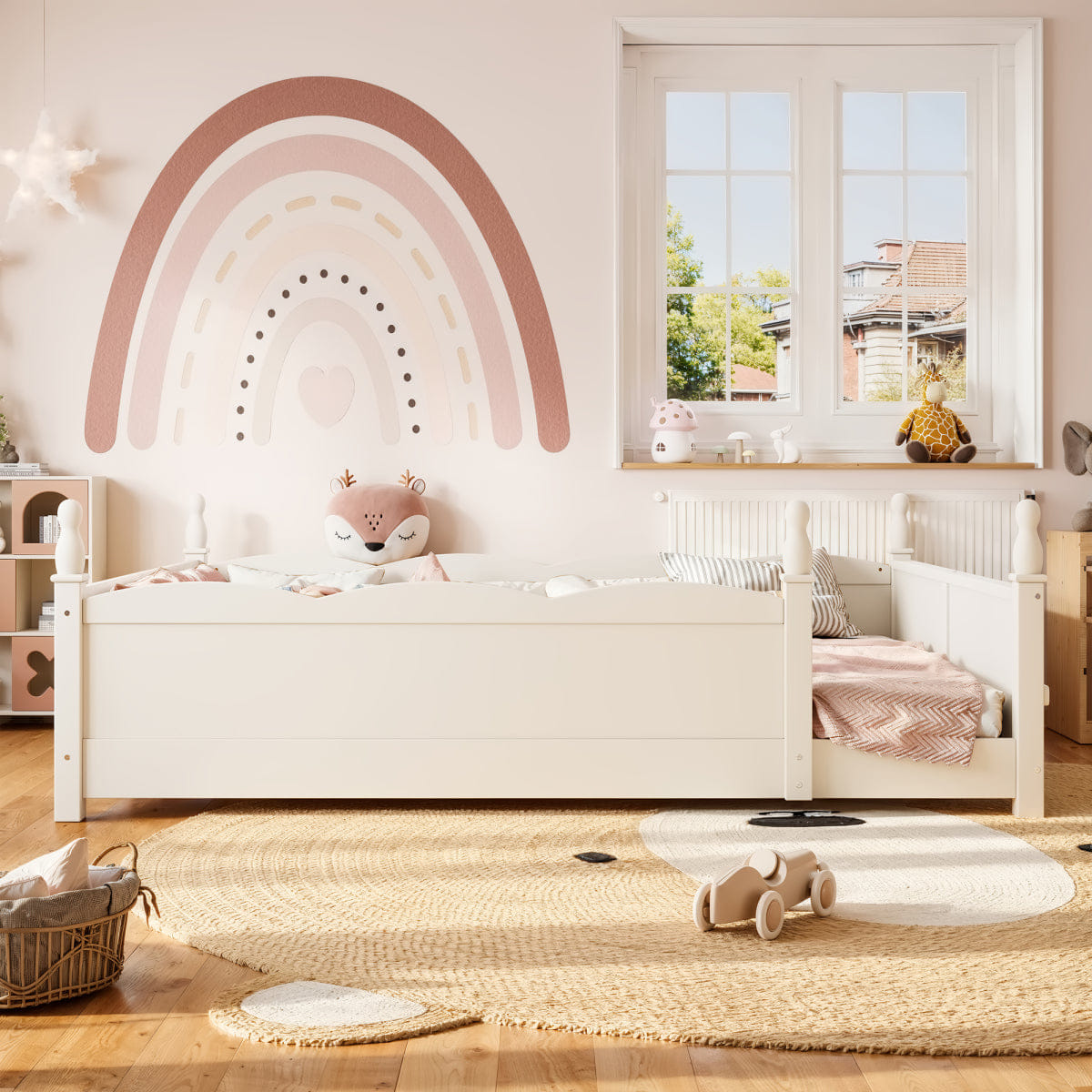 FLOOR Streamdale Queen Kids Montessori Floor Bed with Guardrails and Bookshelf, Beige