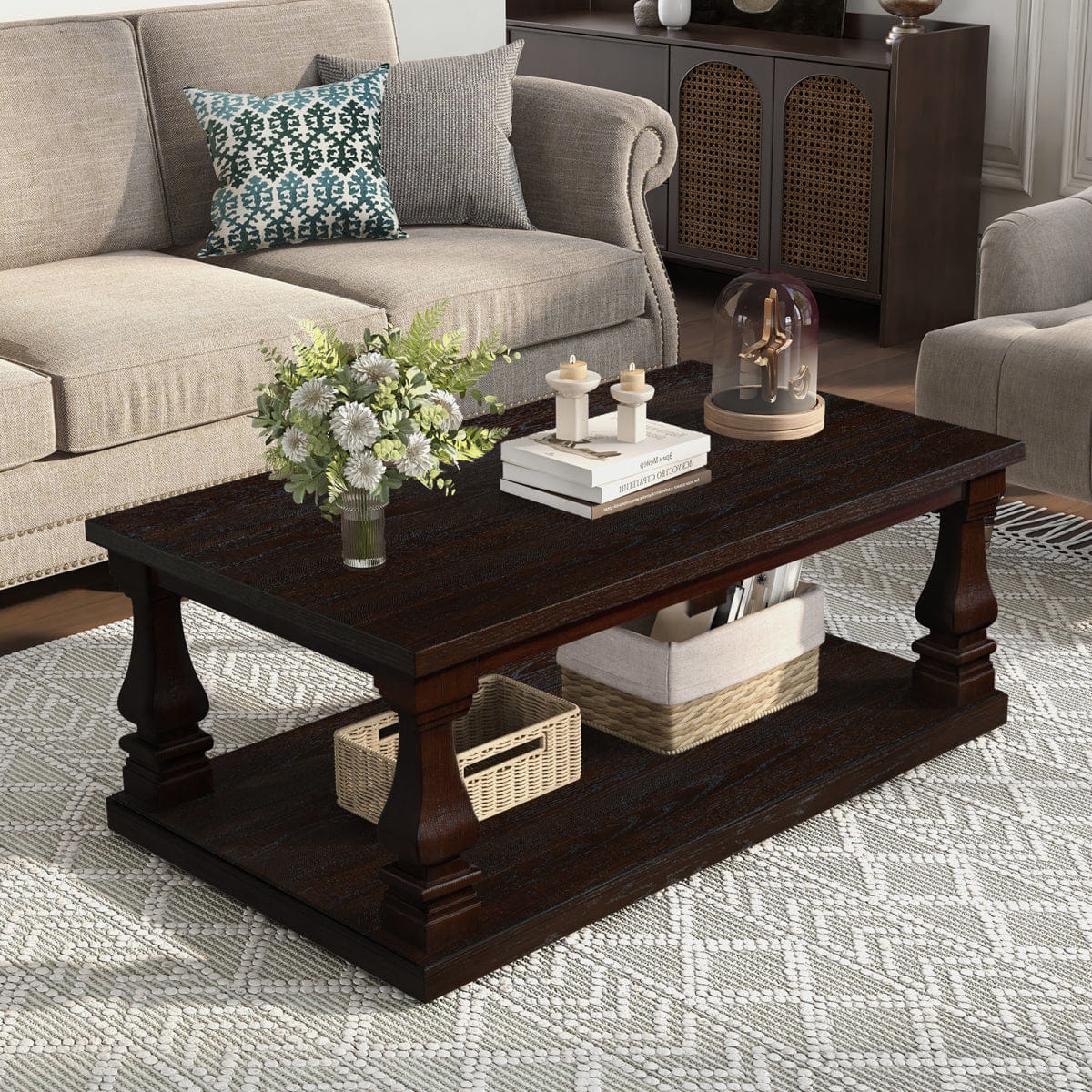 WOOD Streamdale Farmhouse 46" Wood Coffee Table with Storage Shelf, Espresso
