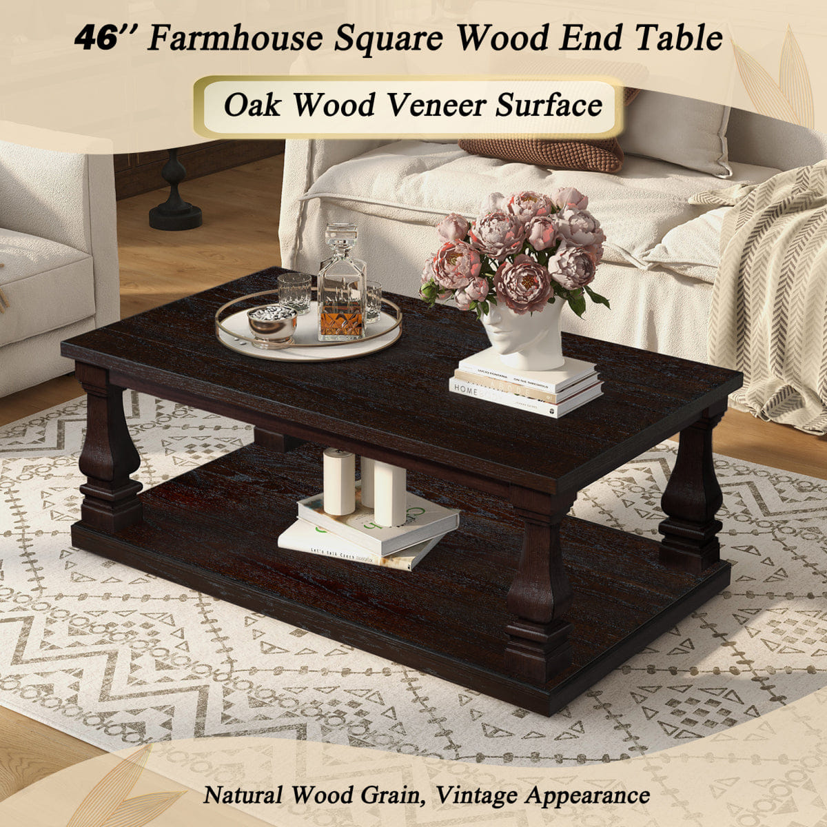 WOOD Streamdale Farmhouse 46" Wood Coffee Table with Storage Shelf, Espresso
