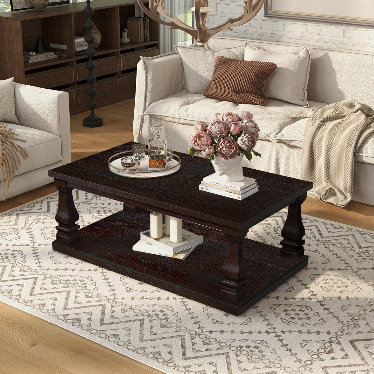 WOOD Streamdale Farmhouse 46" Wood Coffee Table with Storage Shelf, Espresso