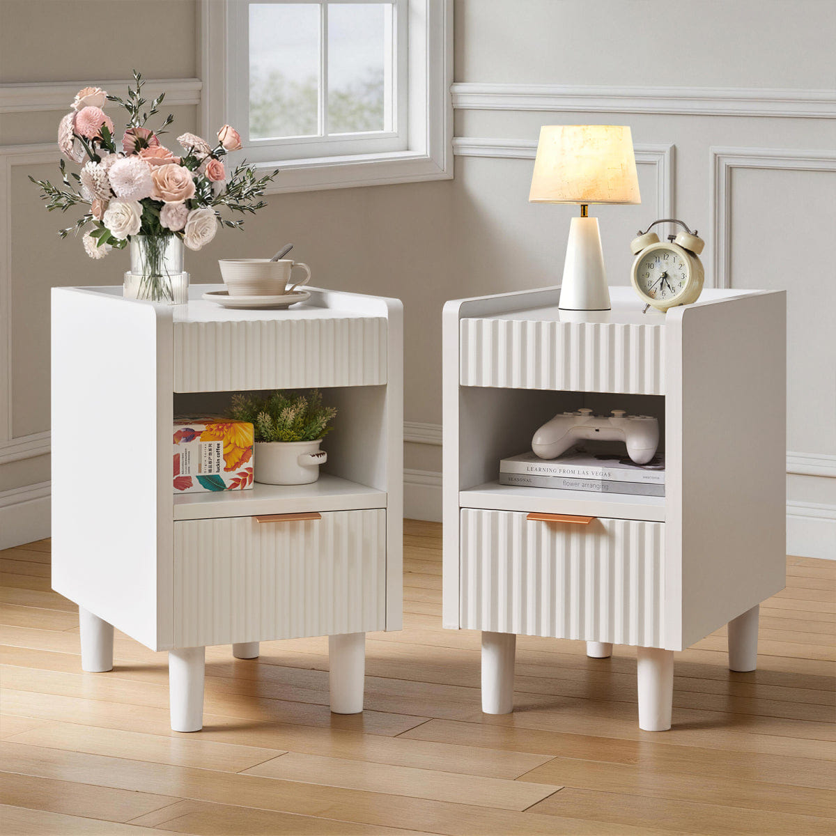 Drawer Streamdale White Fluted Wood Nightstands, 2 Pack Modern Bedside Tables with Drawer