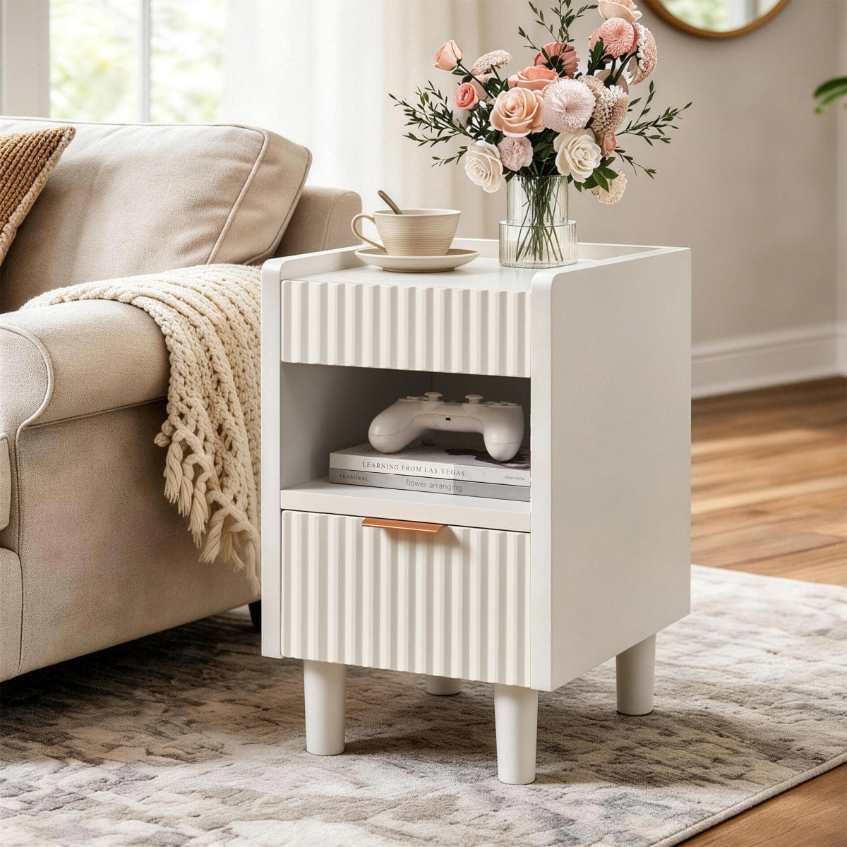 Drawer Streamdale White Fluted Wood Nightstands, 2 Pack Modern Bedside Tables with Drawer