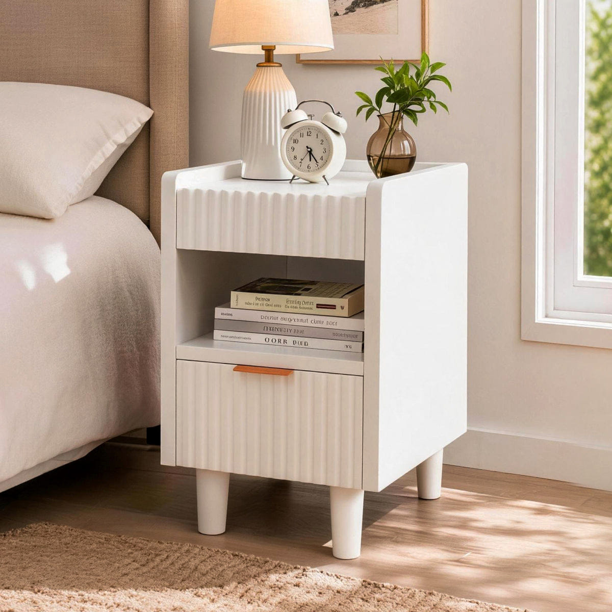 Drawer Streamdale White Fluted Wood Nightstands, 2 Pack Modern Bedside Tables with Drawer