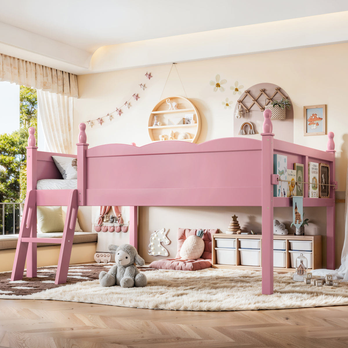 WOOD Streamdale Full Size Wood Low Loft Bed with Bookshelf and Ladder, Pink