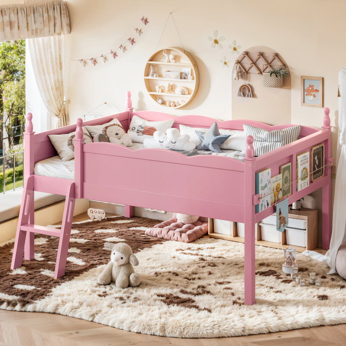 WOOD Streamdale Full Size Wood Low Loft Bed with Bookshelf and Ladder, Pink