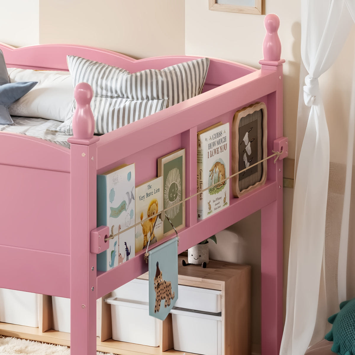WOOD Streamdale Full Size Wood Low Loft Bed with Bookshelf and Ladder, Pink