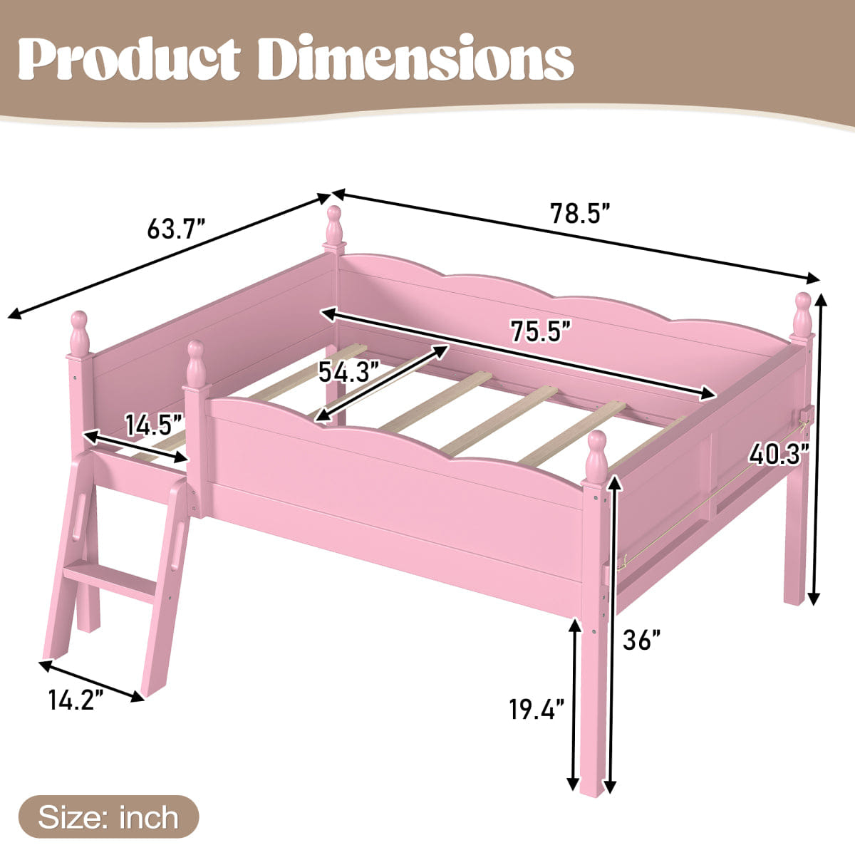 WOOD Streamdale Full Size Wood Low Loft Bed with Bookshelf and Ladder, Pink