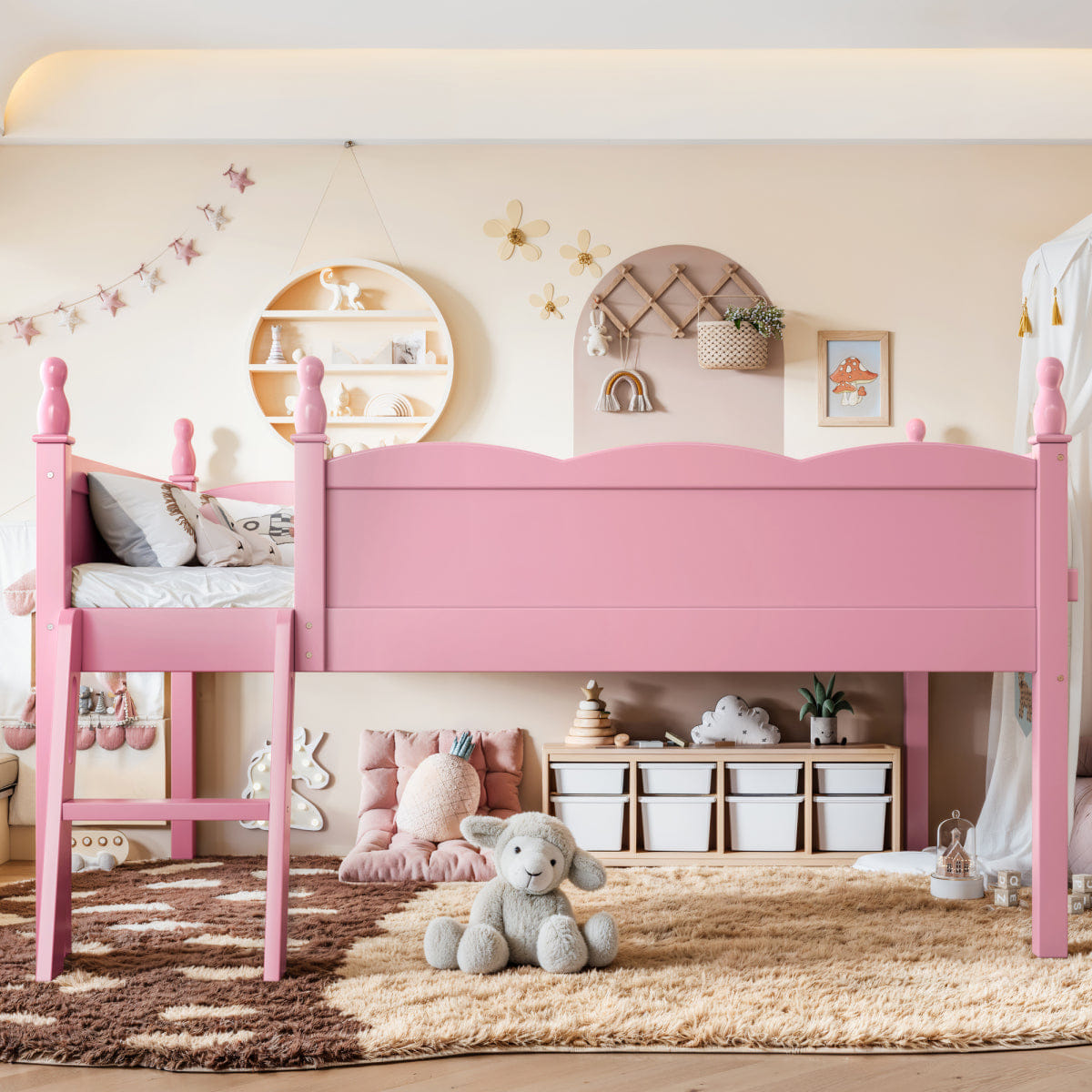 WOOD Streamdale Full Size Wood Low Loft Bed with Bookshelf and Ladder, Pink