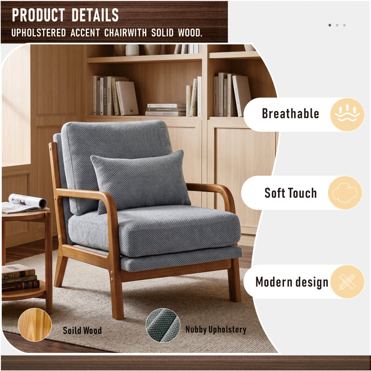 !SOLID Streamdale Modern Solid Wood Accent Chair with Nubby Upholstery