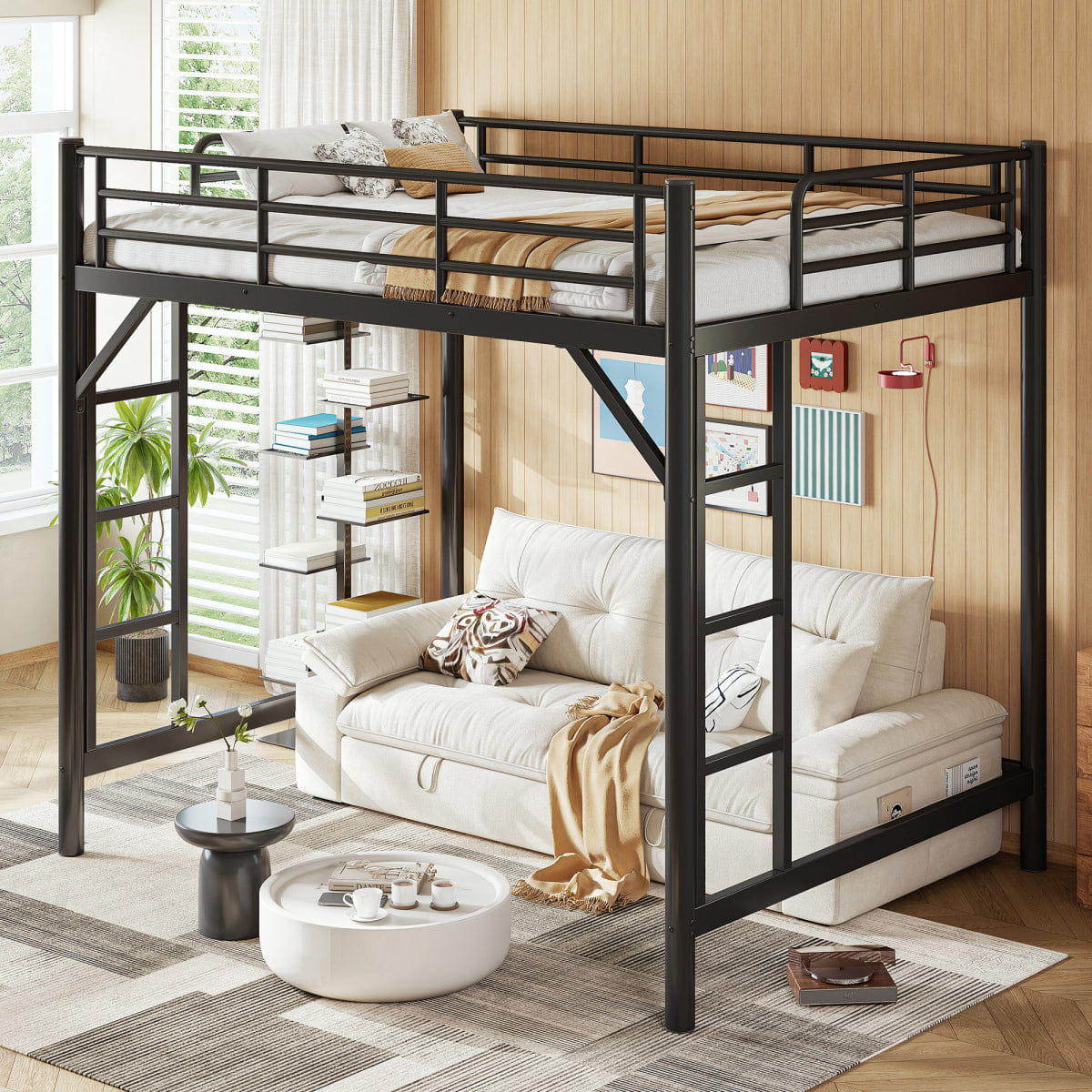 Loft Streamdale Full Size Metal Loft Bed with Ladder and Guardrails, Black